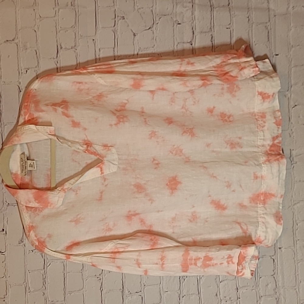 Rachel Zoe Medium Linen White Pink Tie Dyed 3/4 Sleeve Popover Collared Tunic